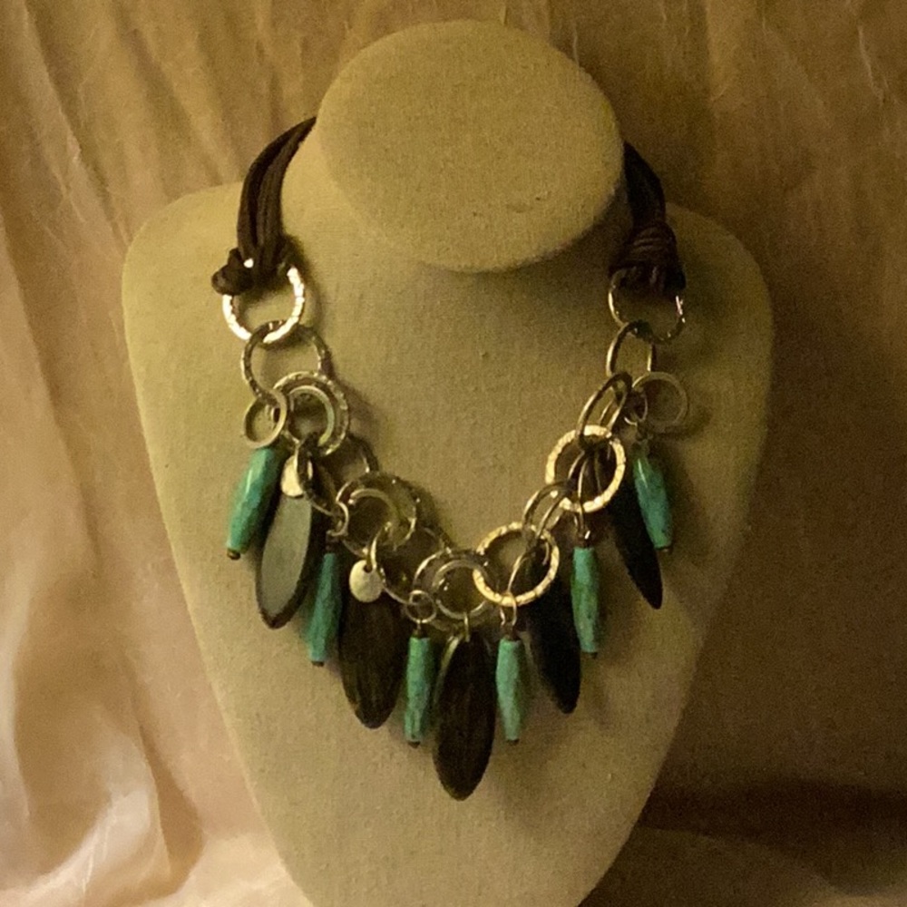 Chunky large circle links with turquoise look & brown beads w/leather cord